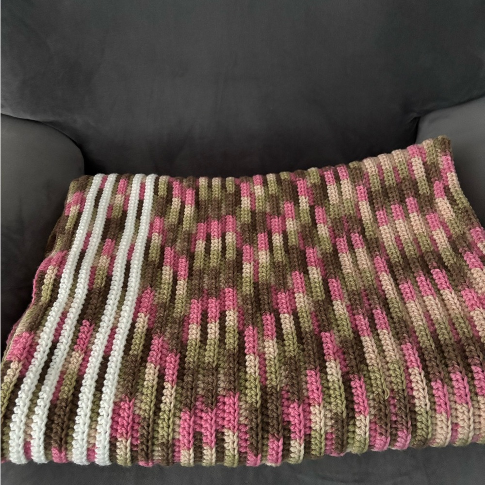 Pink and Green Striped Knit Blanket